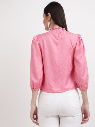 Elle Women Pink Solid Round Neck Top