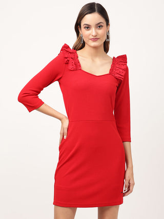 Elle Women Red Solid Square Neck Dress