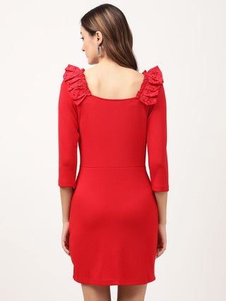 Elle Women Red Solid Square Neck Dress