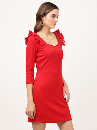 Elle Women Red Solid Square Neck Dress