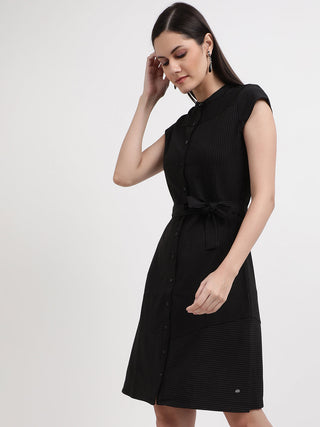 Elle Women Black Striped Round Neck Dress