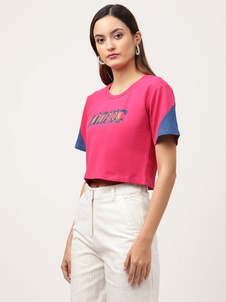 Elle Women Pink Solid Round Neck TShirt