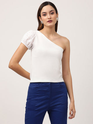Elle Women White Solid Assymetrical Neck TShirt