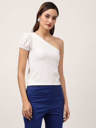 Elle Women White Solid Assymetrical Neck TShirt