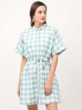 Elle Women Teal Checked Collar Dress