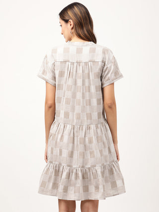 Elle Women Grey Checked V Neck Dress