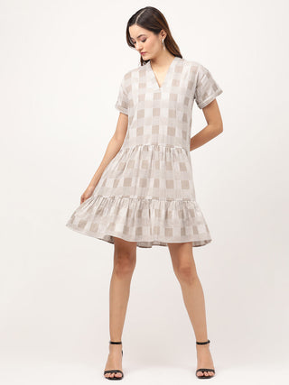 Elle Women Grey Checked V Neck Dress
