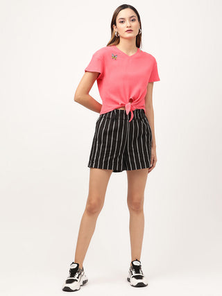 Elle Women Pink Solid V Neck TShirt