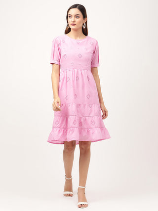 Elle Women Pink Solid Round Neck Dress