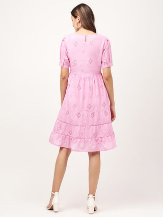 Elle Women Pink Solid Round Neck Dress