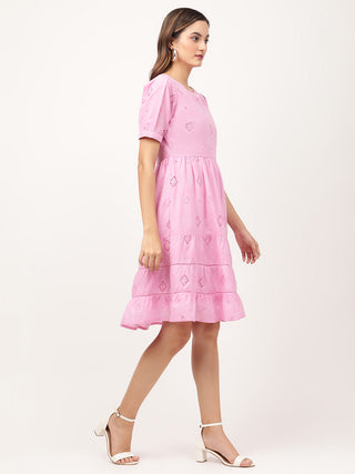 Elle Women Pink Solid Round Neck Dress