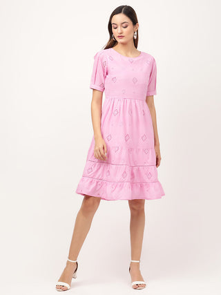 Elle Women Pink Solid Round Neck Dress