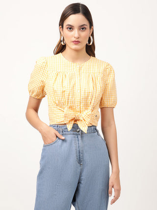 Elle Women Yellow Checked Round Neck Top