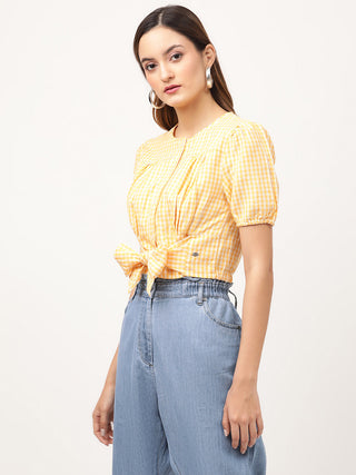 Elle Women Yellow Checked Round Neck Top
