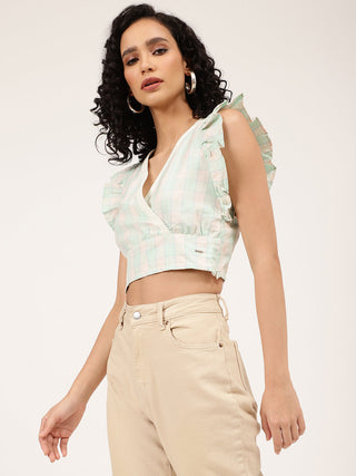 Elle Women White Checked V Neck Top