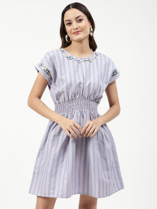 Elle Women Lilac Striped Round Neck Dress