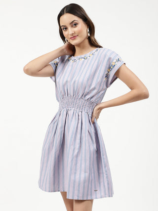 Elle Women Lilac Striped Round Neck Dress