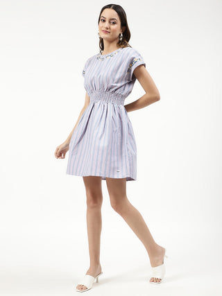 Elle Women Lilac Striped Round Neck Dress