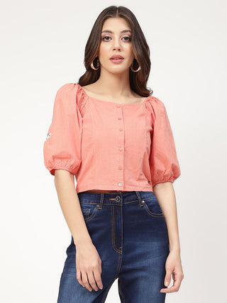 Elle Women Orange Solid Square Neck Top
