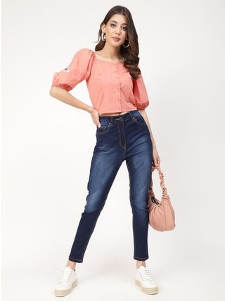 Elle Women Orange Solid Square Neck Top