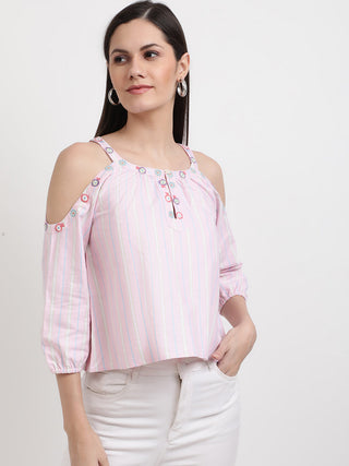 Elle Women Pink Striped Round Neck Top