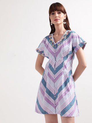 Elle Women Multi Striped V Neck Dress