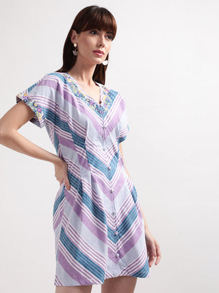 Elle Women Multi Striped V Neck Dress
