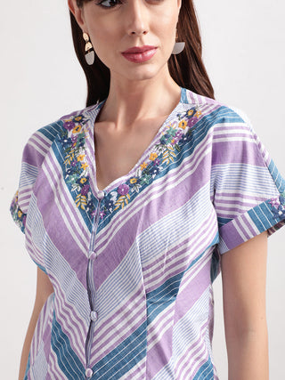 Elle Women Multi Striped V Neck Dress