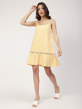 Elle Women Yellow Checked Square Neck Dress