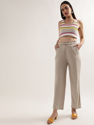 Elle Women Beige Solid Regular Fit Trouser