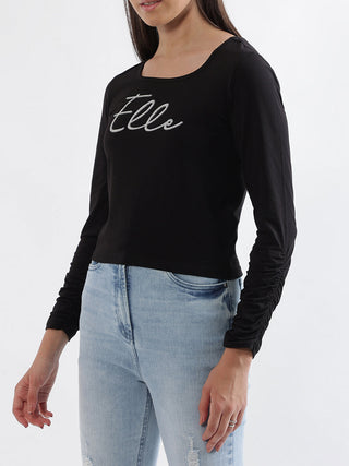 Elle Women Black Solid Square Neck Top