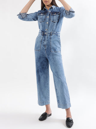 Elle Women Blue Solid Collar Jumpsuit