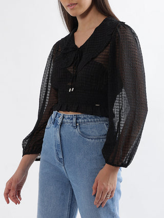 Elle Women Black Solid Collar Top