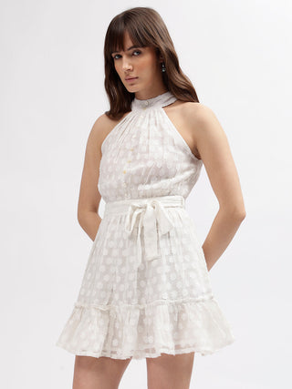 Elle Women Off White Self-Design Choker Neck Sleeveless Dress