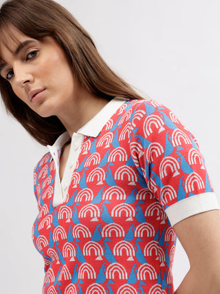 Elle Women Multi Color Printed Polo Collar Short Sleeves Tshirt