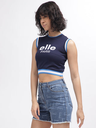 Elle Women Blue Printed Round Neck Sleeveless Top