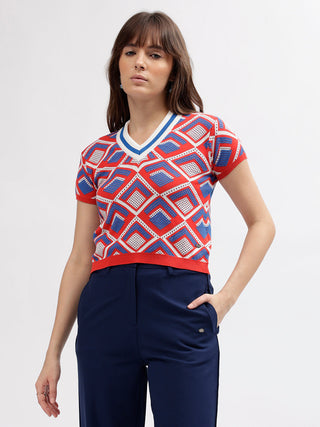 Elle Women Multi Color Printed V Neck Short Sleeves Tshirt