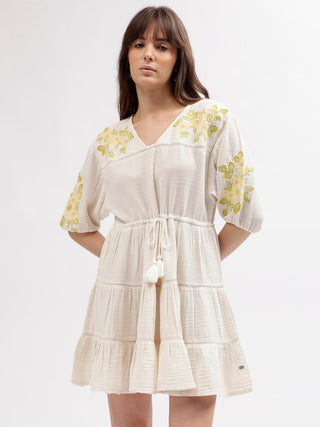 Elle Women Cream V Neck Dress