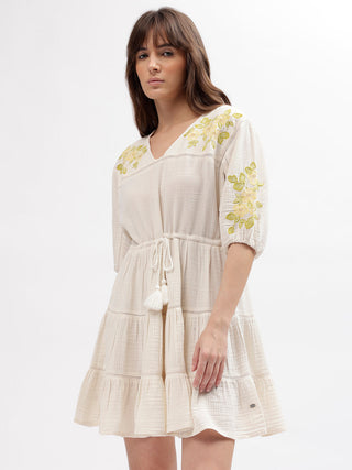 Elle Women Off White Embroidered V Neck 3/4th Sleeves Dress
