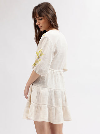 Elle Women Off White Embroidered V Neck 3/4th Sleeves Dress