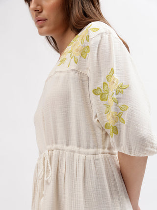 Elle Women Cream V Neck Dress