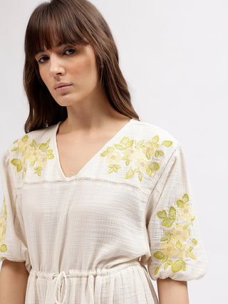 Elle Women Cream V Neck Dress