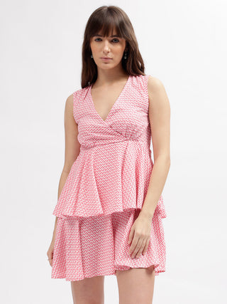 Elle Women Pink Printed V Neck Sleeveless Dress