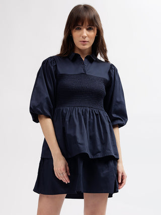 Elle Women Blue Shirt Collar Dress
