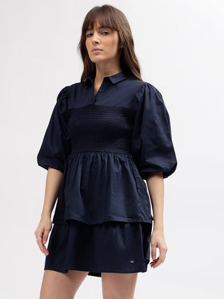 Elle Women Blue Shirt Collar Dress