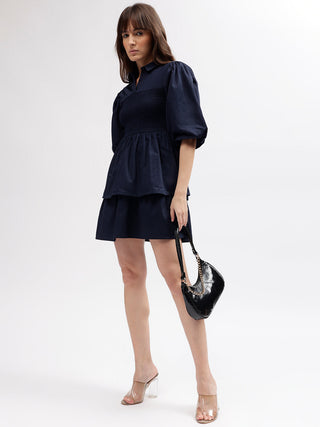 Elle Women Blue Shirt Collar Dress