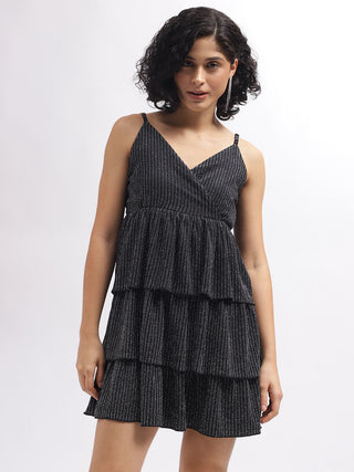 Elle Women Black Striped Shoulder Straps Sleeveless Dress