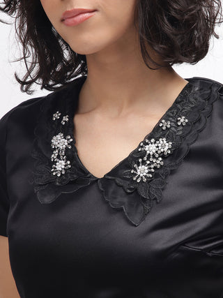Elle Women Black Solid V-Neck Short Sleeves Dress