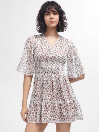 Elle Women Off White Printed V-Neck Short Sleeves Dress