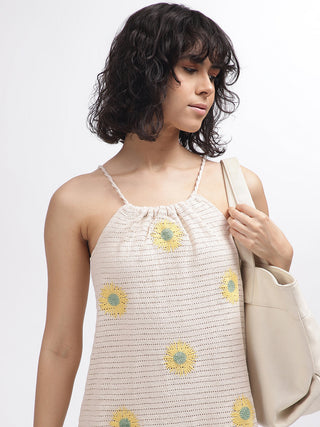 Elle Women Beige Self-Design Square Neck Shoulder Straps Dress